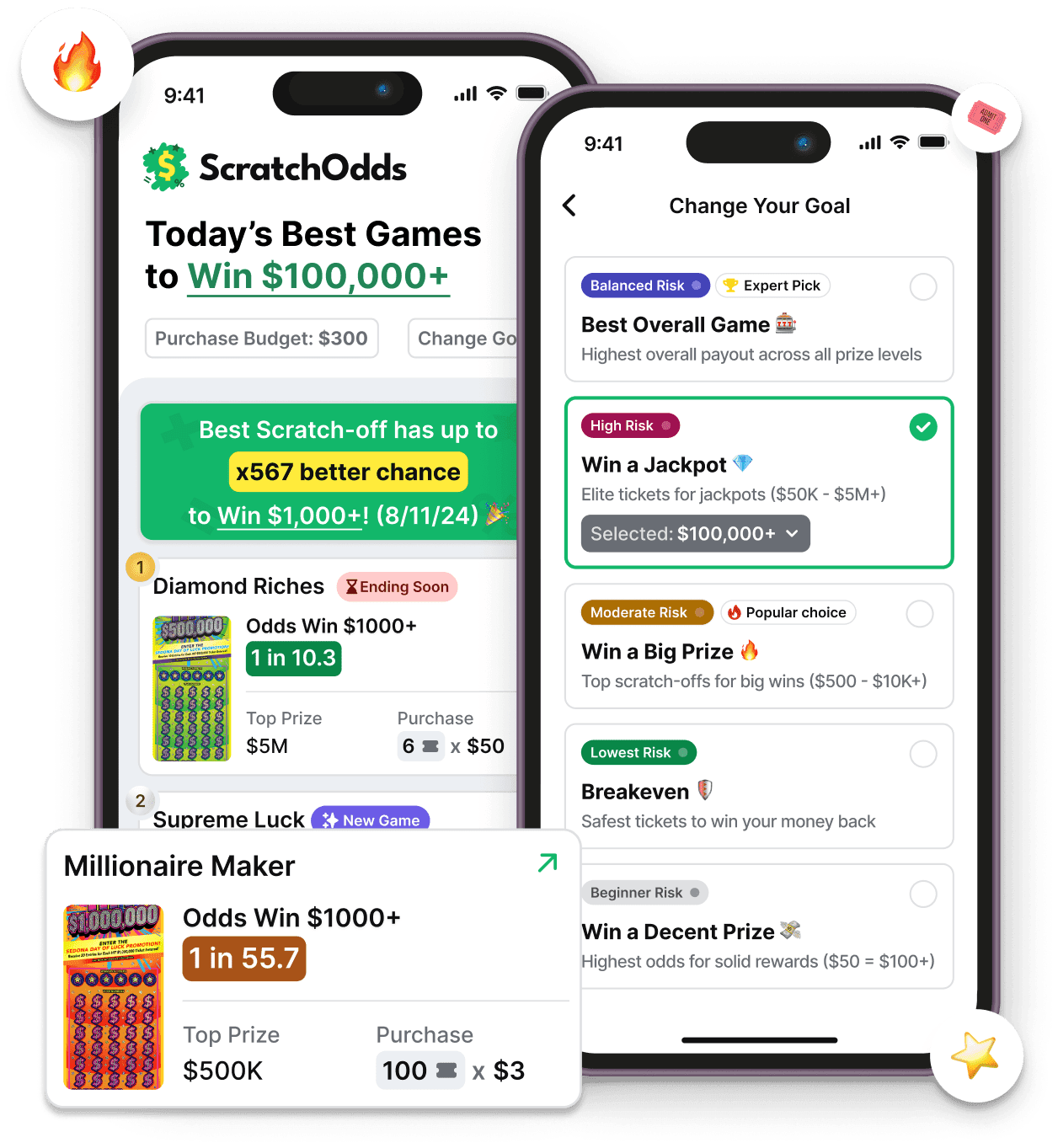 ScratchOdds mobile app interface showing lottery analytics