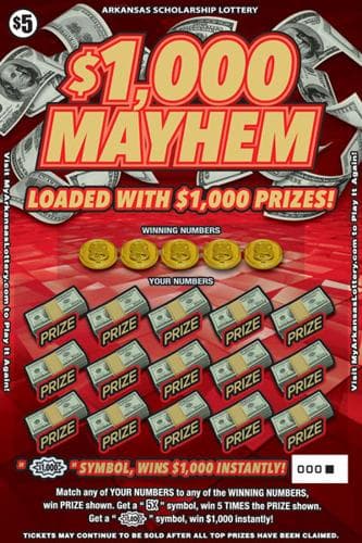 $1,000 Mayhem scratch-off ticket