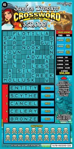Sunken Treasure Crossword scratch-off ticket