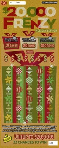 $20,000 FRENZY Holiday Edition scratch-off ticket