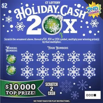 Holiday Cash 20X scratch-off ticket
