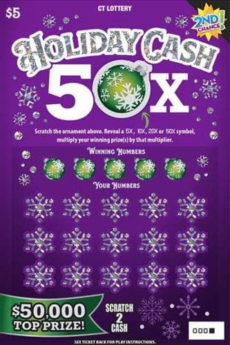 Holiday Cash 50X scratch-off ticket