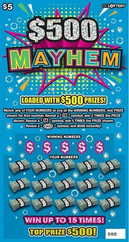 $500 MAYHEM scratch-off ticket