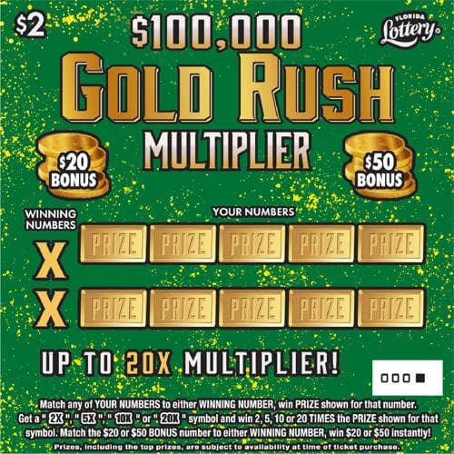 $100,000 GOLD RUSH MULTIPLIER scratch-off ticket