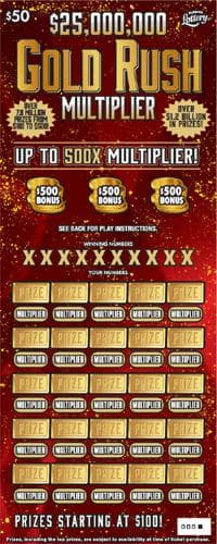 $25,000,000 GOLD RUSH MULTIPLIER scratch-off ticket