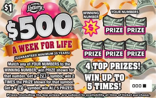 $500 A WEEK FOR LIFE scratch-off ticket