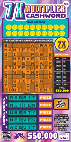 7X Multiplier Cashword scratch-off ticket