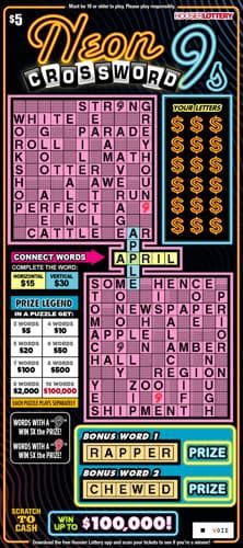 NEON 9S CROSSWORD scratch-off ticket