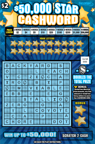 $50,000 Star Cashword scratch-off ticket