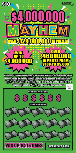 $4,000,000 Mayhem scratch-off ticket