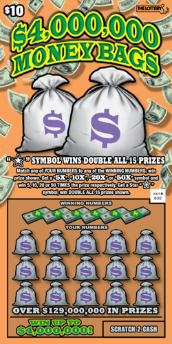 $4,000,000 MONEY BAGS scratch-off ticket