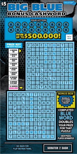 BIG BLUE BONUS CASHWORD scratch-off ticket