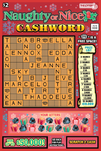 NAUGHTY OR NICE CASHWORD scratch-off ticket