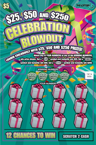 $25, $50 and $250 CELEBRATION BLOWOUT scratch-off ticket