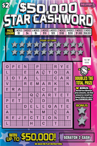$50,000 Star Cashword scratch-off ticket
