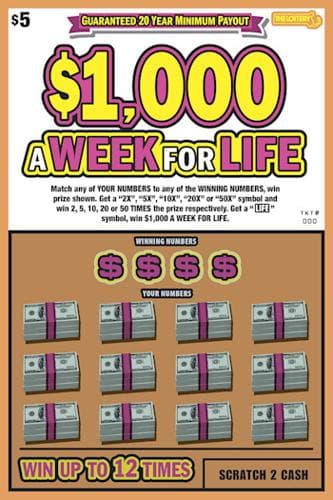 $1,000 A WEEK FOR LIFE scratch-off ticket