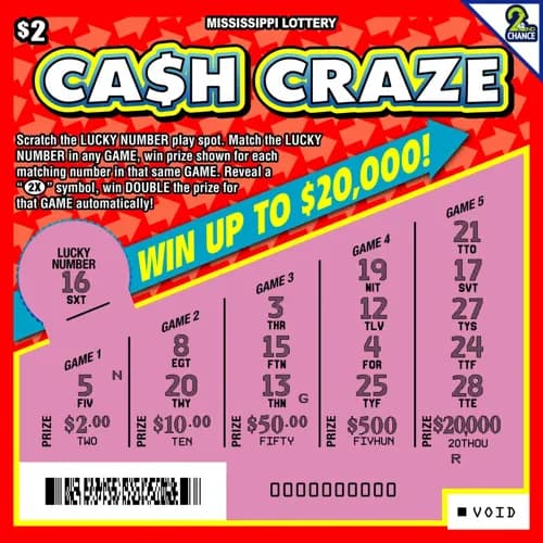 CA$H CRAZE scratch-off ticket