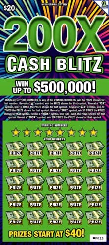 200X Cash Blitz scratch-off ticket
