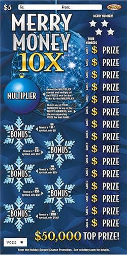 Merry Money 10X scratch-off ticket
